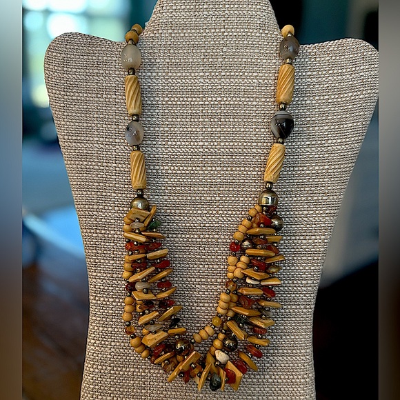 Agate & Bone Beaded Multi Strand Statement Necklace 22” - Picture 1 of 6